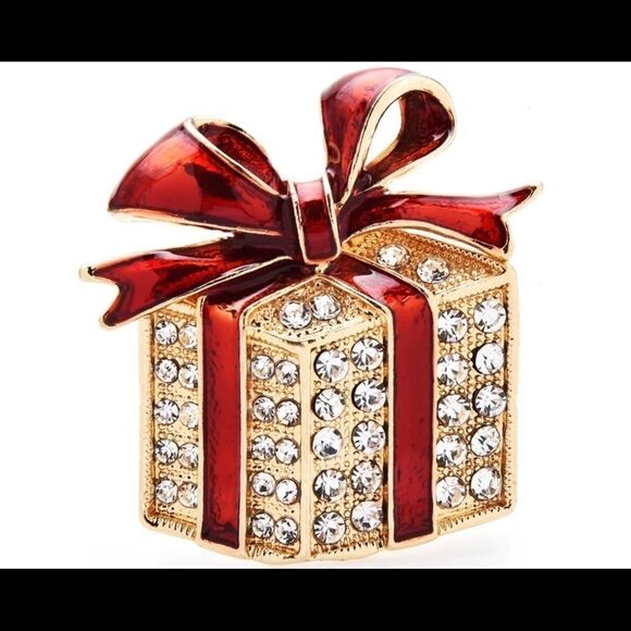 CHRISTMAS RHINESTONE GIFT BOX BROOCH - Picture 1 of 4